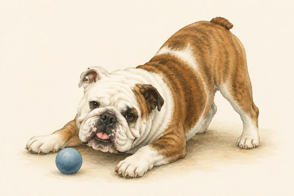 Planck invita a jugar: patitas estiradas, pompis arriba y su pelota azul.