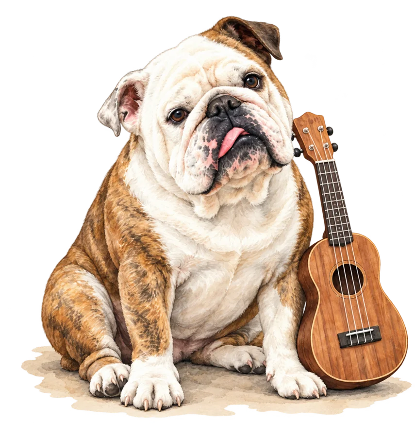 Ilustración de Planck escuchando junto a un ukulele de madera.